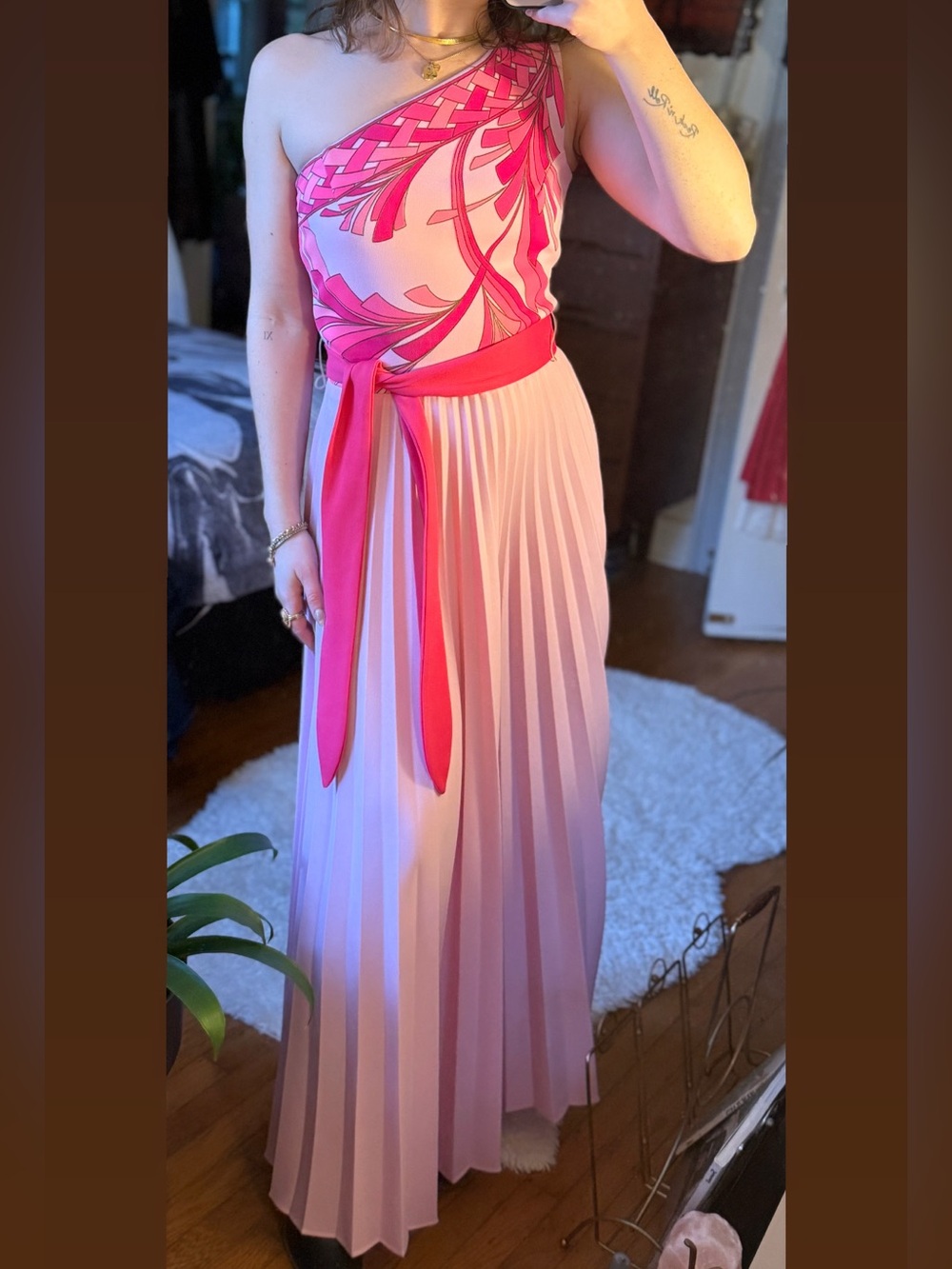Vintage Alfred Shaheen Pink One Shoulder Pleated Maxi Dress
